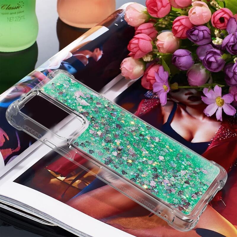 Glitter presýpací gélový obal na Xiaomi Redmi Note 10 Pro - zelený/srdiečka