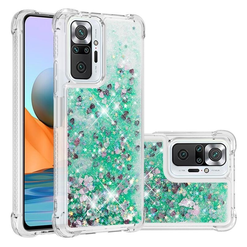 Glitter presýpací gélový obal na Xiaomi Redmi Note 10 Pro - zelený/srdiečka