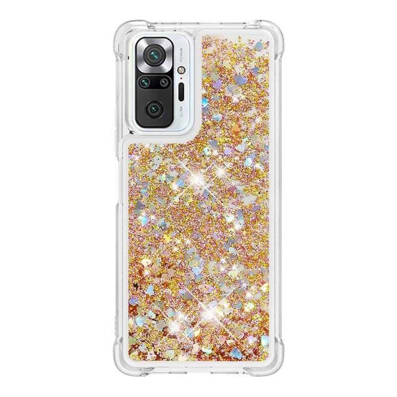 Glitter presýpací gélový obal na Xiaomi Redmi Note 10 Pro - zlatý/srdiečka