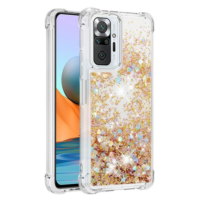 Glitter presýpací gélový obal na Xiaomi Redmi Note 10 Pro - zlatý/srdiečka