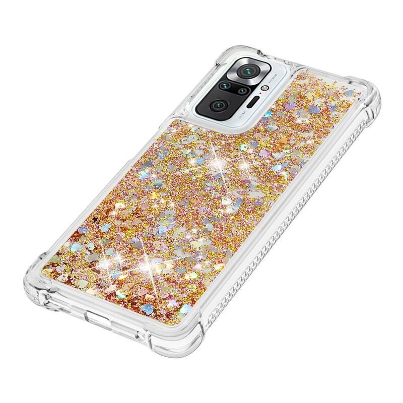 Glitter presýpací gélový obal na Xiaomi Redmi Note 10 Pro - zlatý/srdiečka