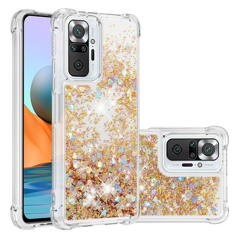 Glitter presýpací gélový obal na Xiaomi Redmi Note 10 Pro - zlatý/srdiečka