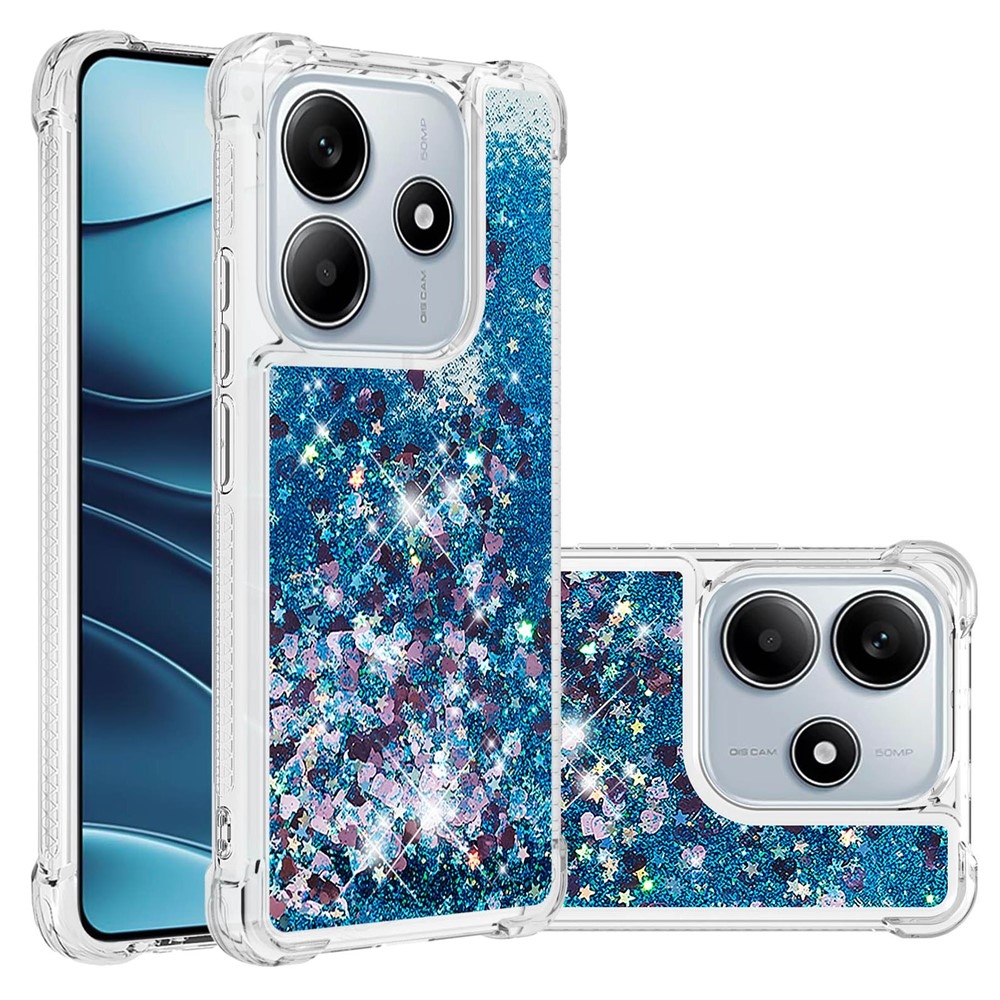 Glitter presýpací gélový obal na Xiaomi Redmi Note 14 5G - modrý/srdiečka