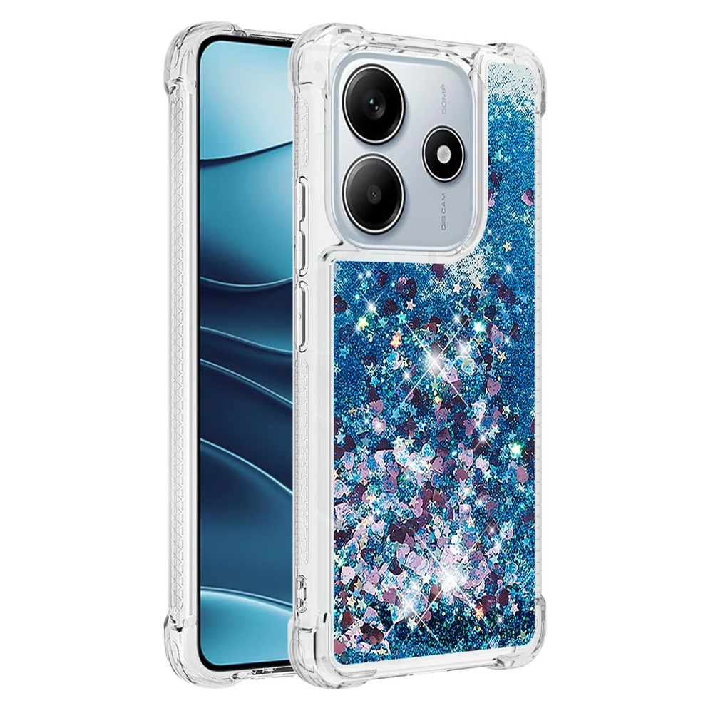 Glitter presýpací gélový obal na Xiaomi Redmi Note 14 5G - modrý/srdiečka