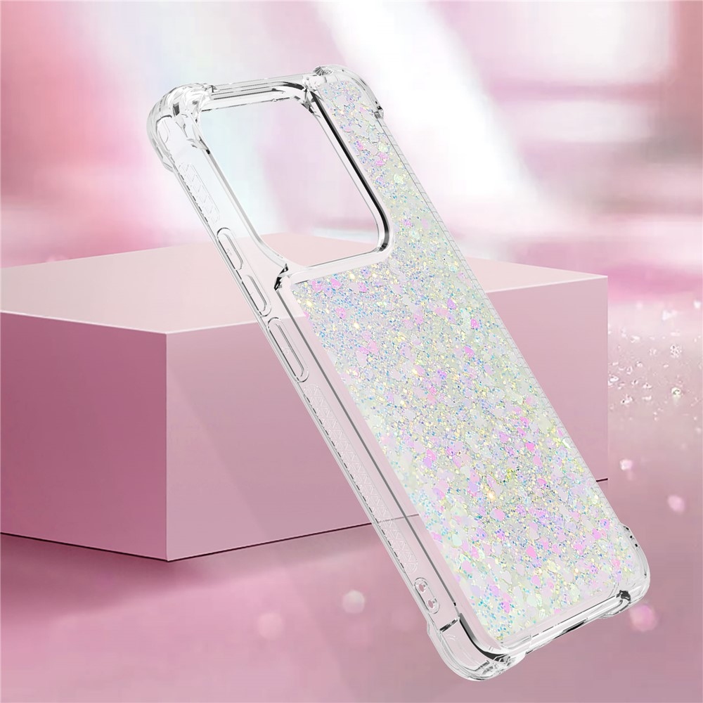 Glitter presýpací gélový obal na Xiaomi Redmi Note 14 5G - ružovo strieborný/srdiečka
