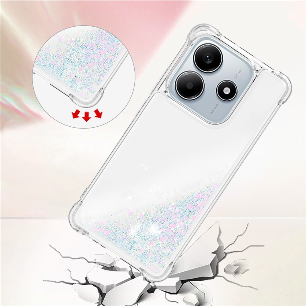 Glitter presýpací gélový obal na Xiaomi Redmi Note 14 5G - ružovo strieborný/srdiečka