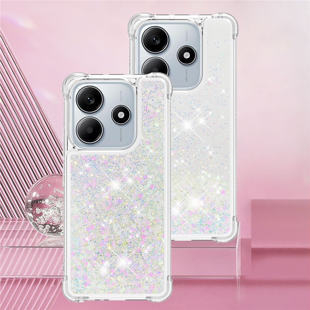 Glitter presýpací gélový obal na Xiaomi Redmi Note 14 5G - ružovo strieborný/srdiečka