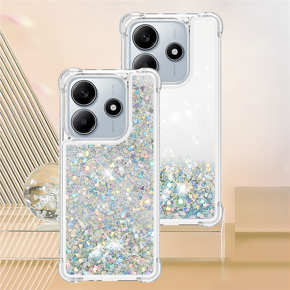 Glitter presýpací gélový obal na Xiaomi Redmi Note 14 5G - strieborný/srdiečka