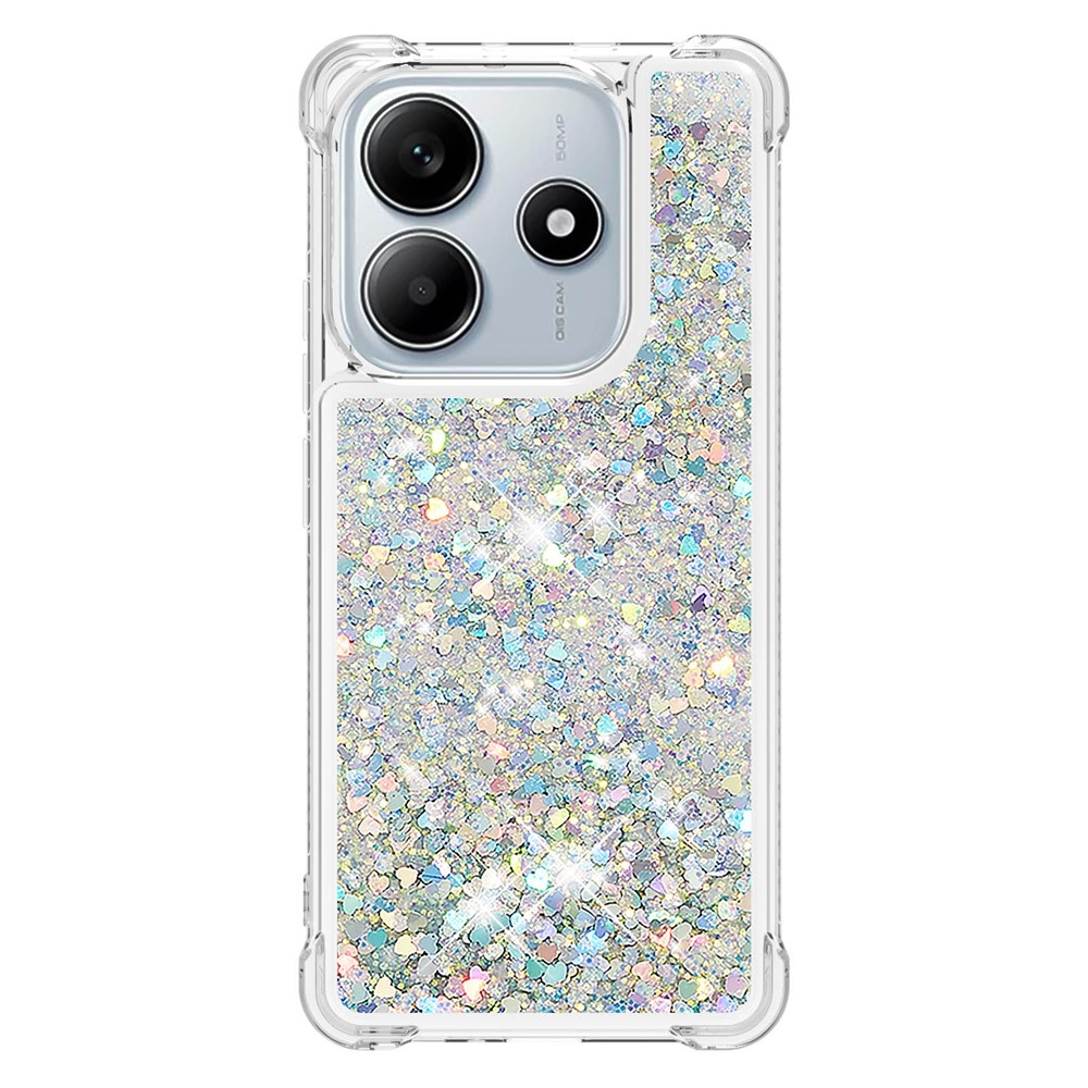 Glitter presýpací gélový obal na Xiaomi Redmi Note 14 5G - strieborný/srdiečka
