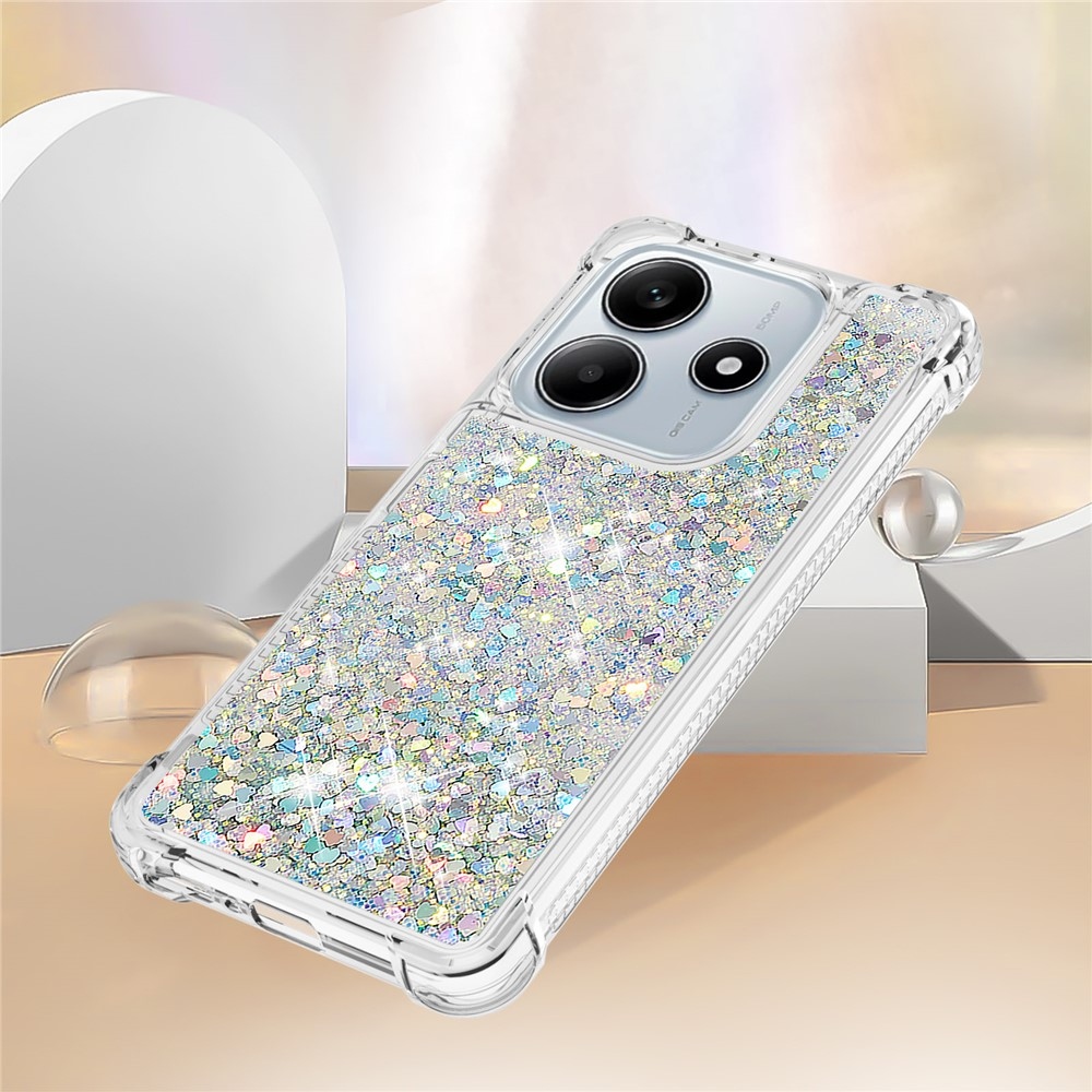 Glitter presýpací gélový obal na Xiaomi Redmi Note 14 5G - strieborný/srdiečka