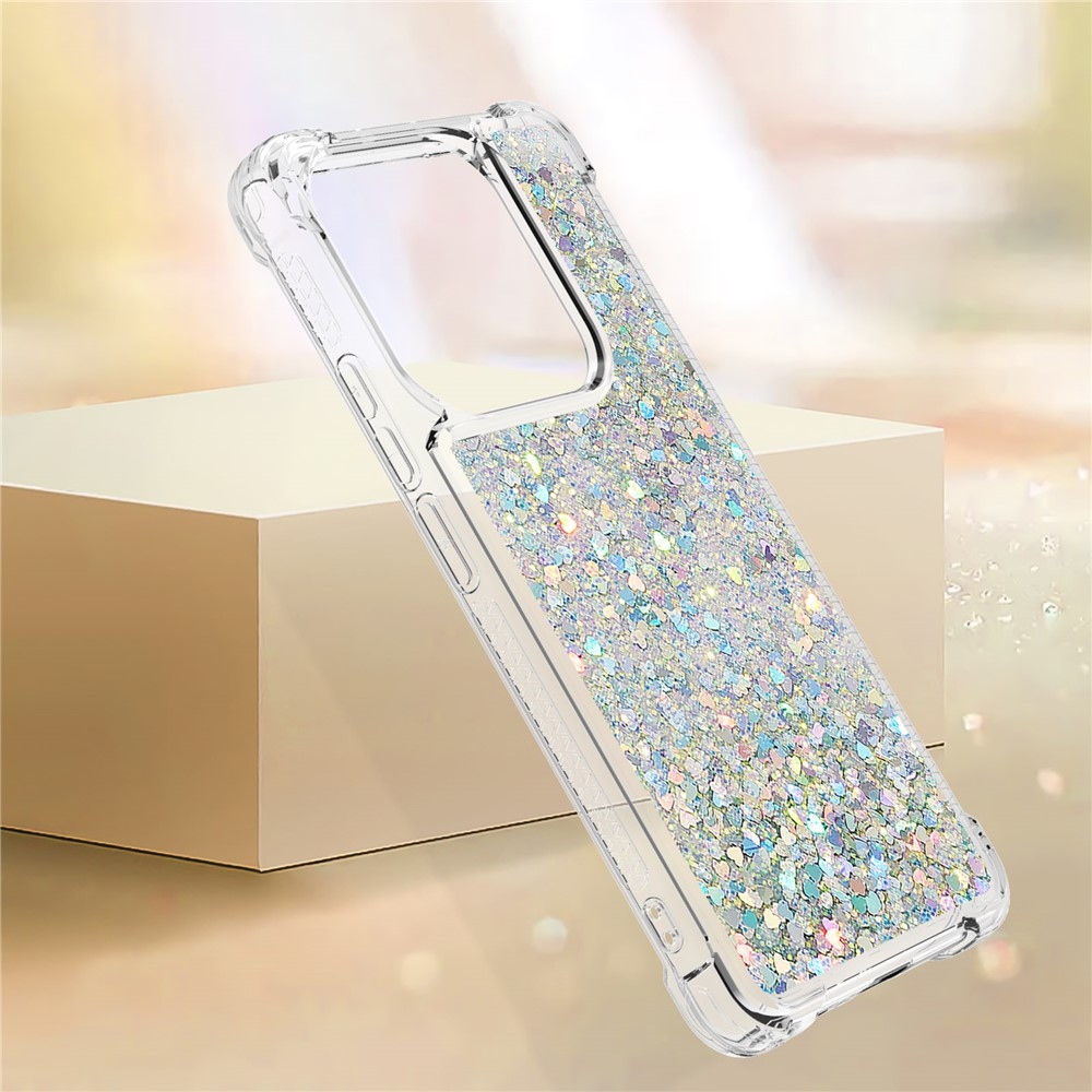 Glitter presýpací gélový obal na Xiaomi Redmi Note 14 5G - strieborný/srdiečka