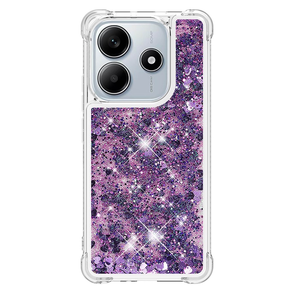 Glitter presýpací gélový obal na Xiaomi Redmi Note 14 5G - tmavofialový/srdiečka
