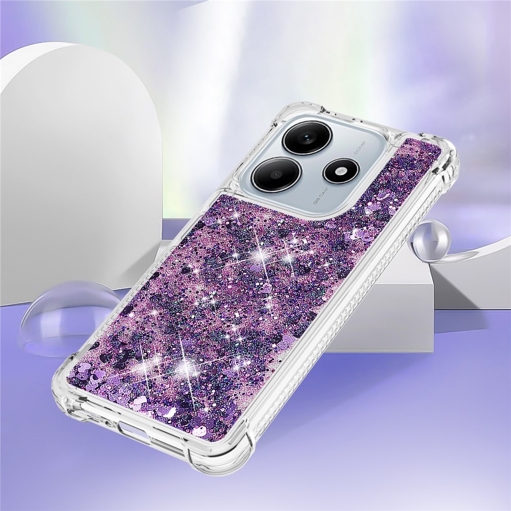 Glitter presýpací gélový obal na Xiaomi Redmi Note 14 5G - tmavofialový/srdiečka