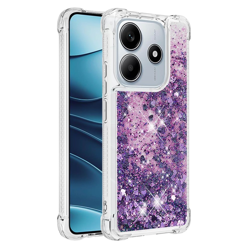 Glitter presýpací gélový obal na Xiaomi Redmi Note 14 5G - tmavofialový/srdiečka