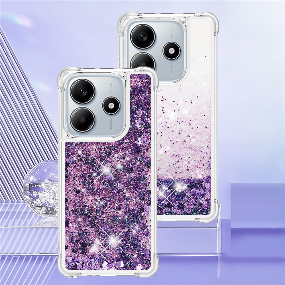 Glitter presýpací gélový obal na Xiaomi Redmi Note 14 5G - tmavofialový/srdiečka
