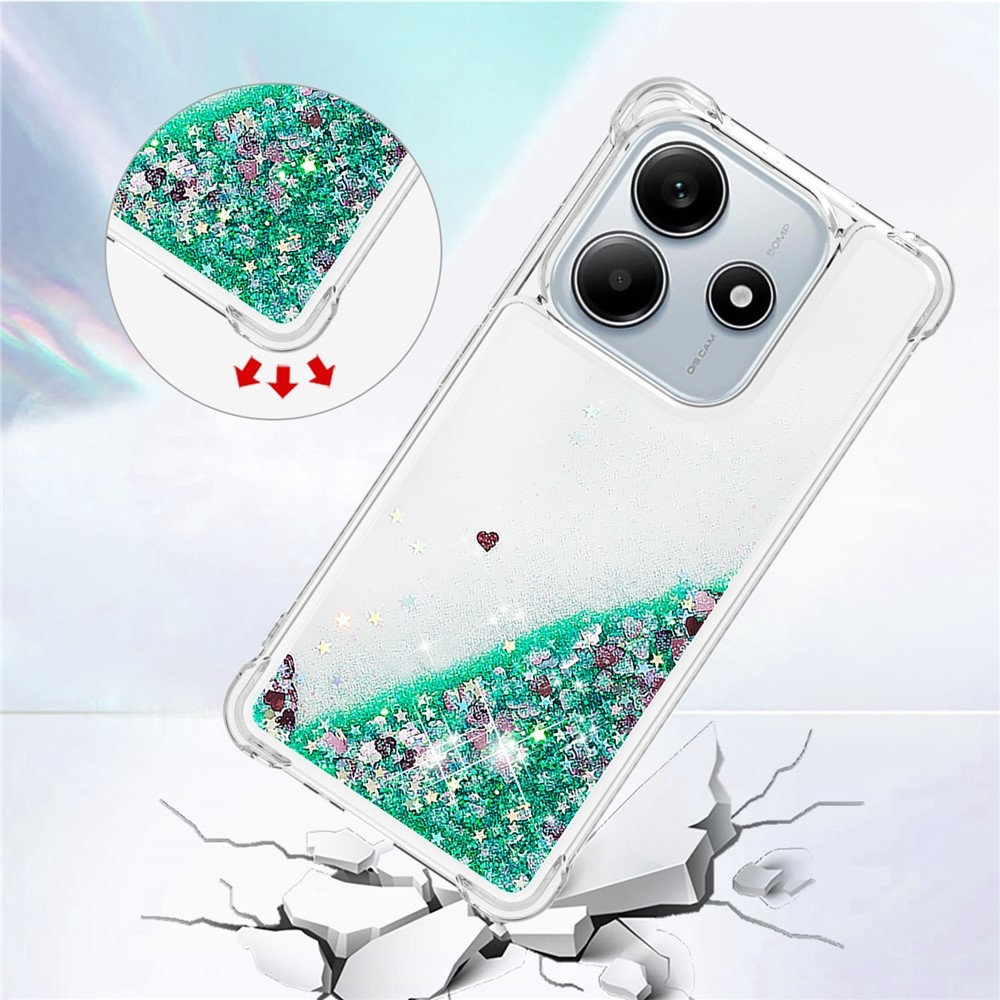 Glitter presýpací gélový obal na Xiaomi Redmi Note 14 5G - zelený/srdiečka
