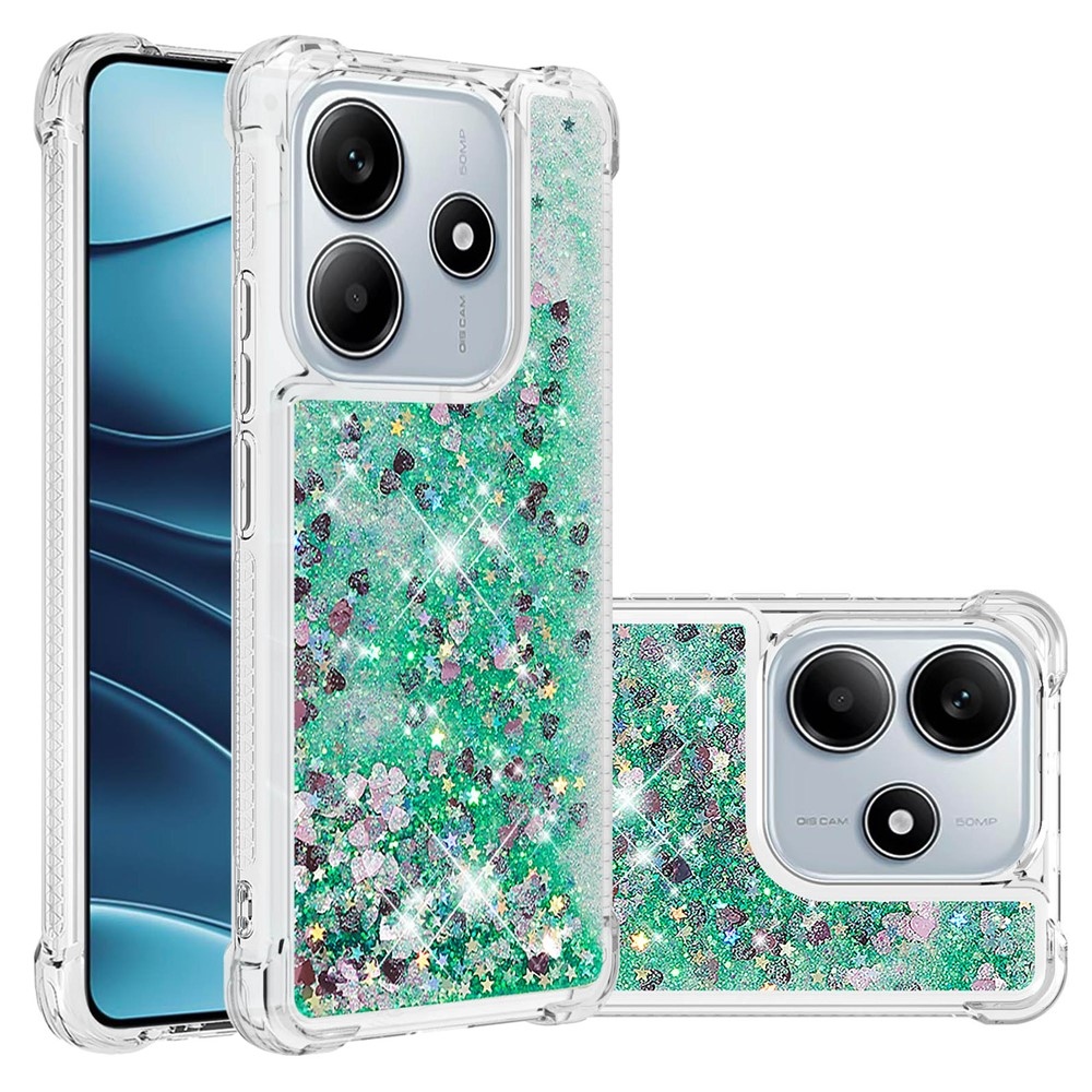 Glitter presýpací gélový obal na Xiaomi Redmi Note 14 5G - zelený/srdiečka