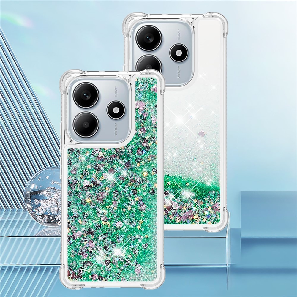 Glitter presýpací gélový obal na Xiaomi Redmi Note 14 5G - zelený/srdiečka