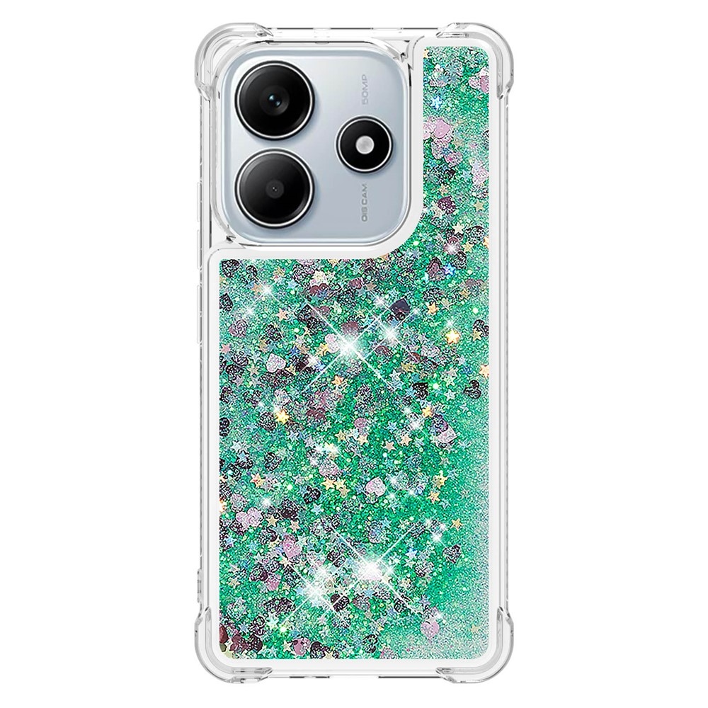Glitter presýpací gélový obal na Xiaomi Redmi Note 14 5G - zelený/srdiečka