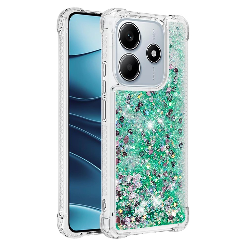 Glitter presýpací gélový obal na Xiaomi Redmi Note 14 5G - zelený/srdiečka