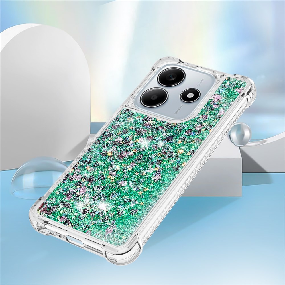 Glitter presýpací gélový obal na Xiaomi Redmi Note 14 5G - zelený/srdiečka