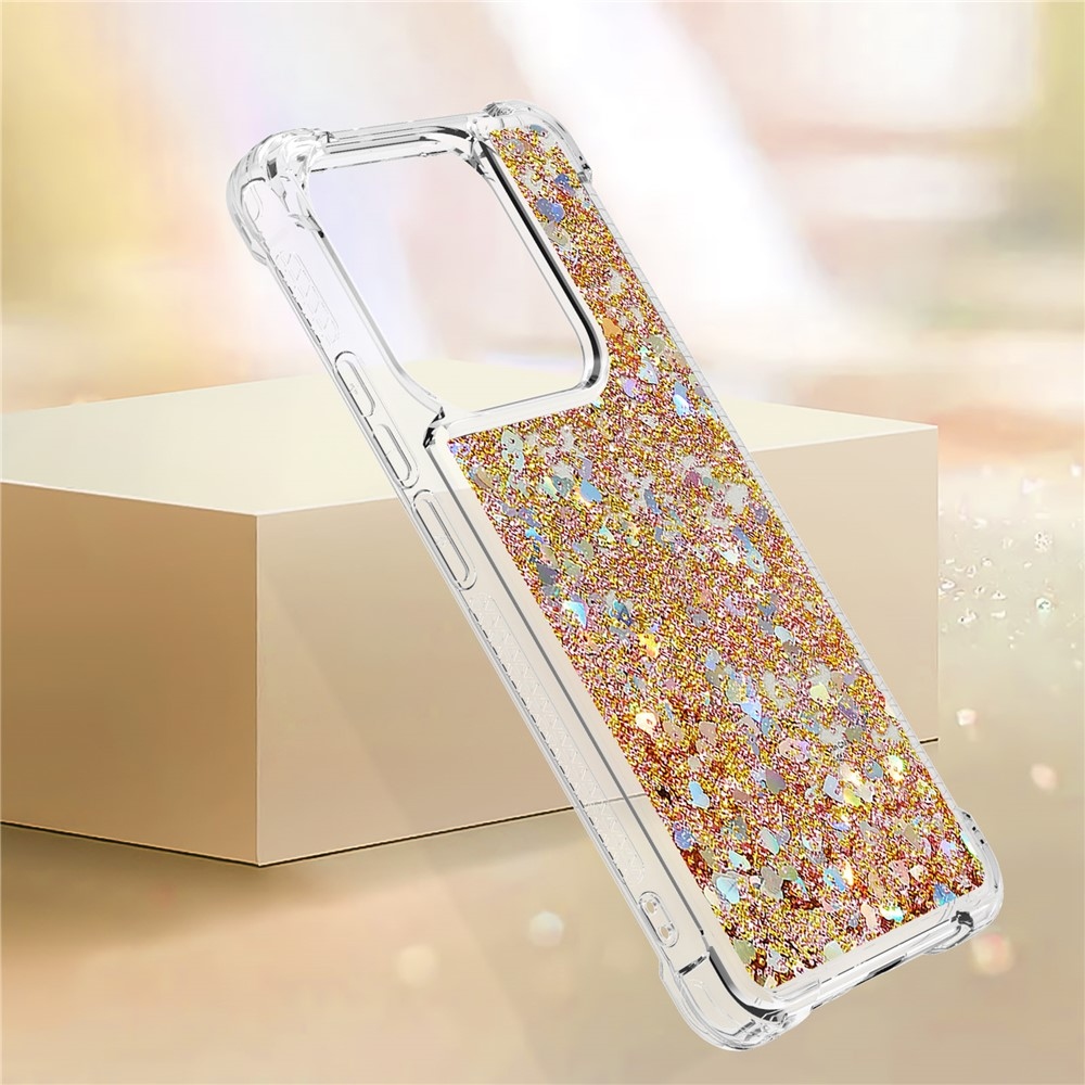 Glitter presýpací gélový obal na Xiaomi Redmi Note 14 5G - zlatý/srdiečka