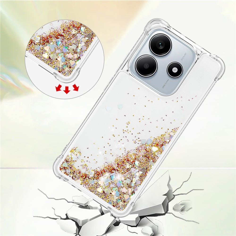 Glitter presýpací gélový obal na Xiaomi Redmi Note 14 5G - zlatý/srdiečka