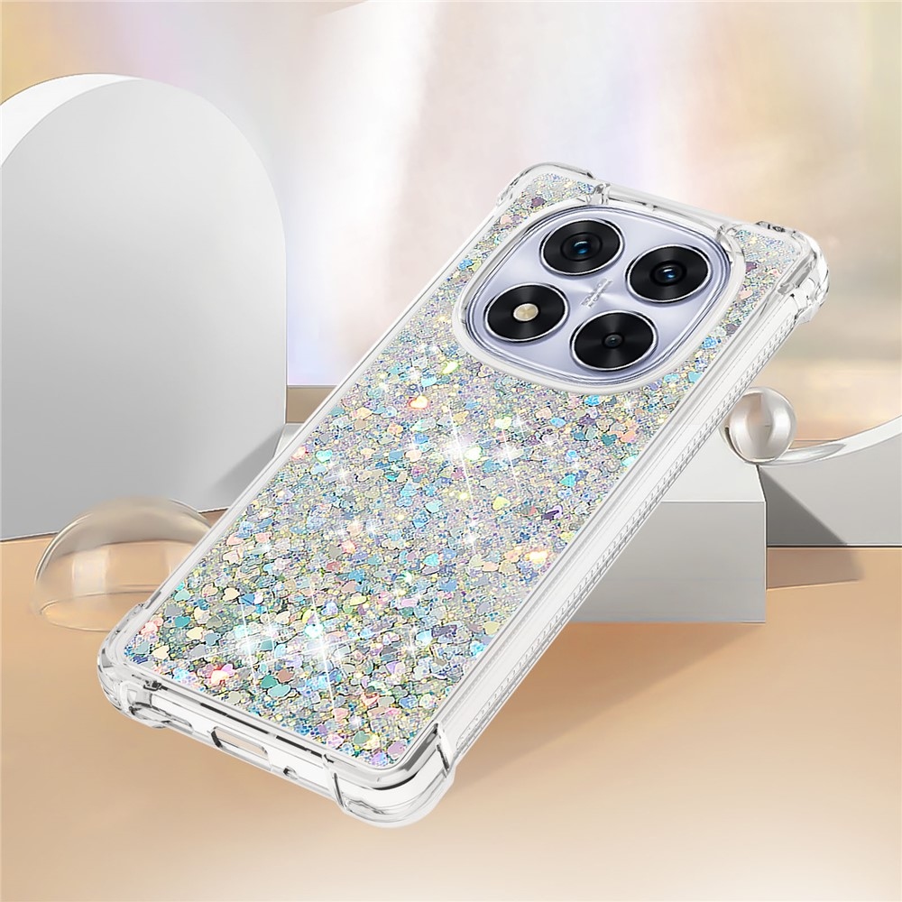 Glitter Prosýpací gélový obal na Xiaomi Redmi Note 14 Pro 5G/Poco X7 5G - strieborný/srdiečka