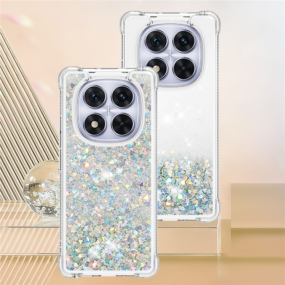 Glitter Prosýpací gélový obal na Xiaomi Redmi Note 14 Pro 5G/Poco X7 5G - strieborný/srdiečka