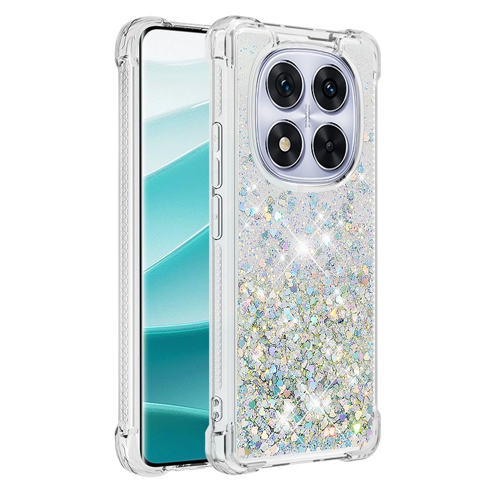 Glitter Prosýpací gélový obal na Xiaomi Redmi Note 14 Pro 5G/Poco X7 5G - strieborný/srdiečka