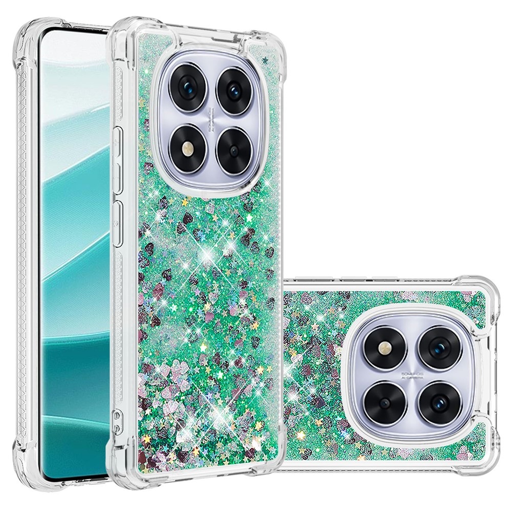 Glitter Prosýpací gélový obal na Xiaomi Redmi Note 14 Pro 5G/Poco X7 5G - zelený/srdiečka