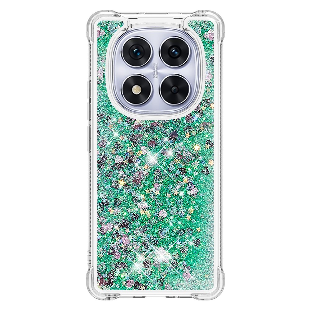 Glitter Prosýpací gélový obal na Xiaomi Redmi Note 14 Pro 5G/Poco X7 5G - zelený/srdiečka