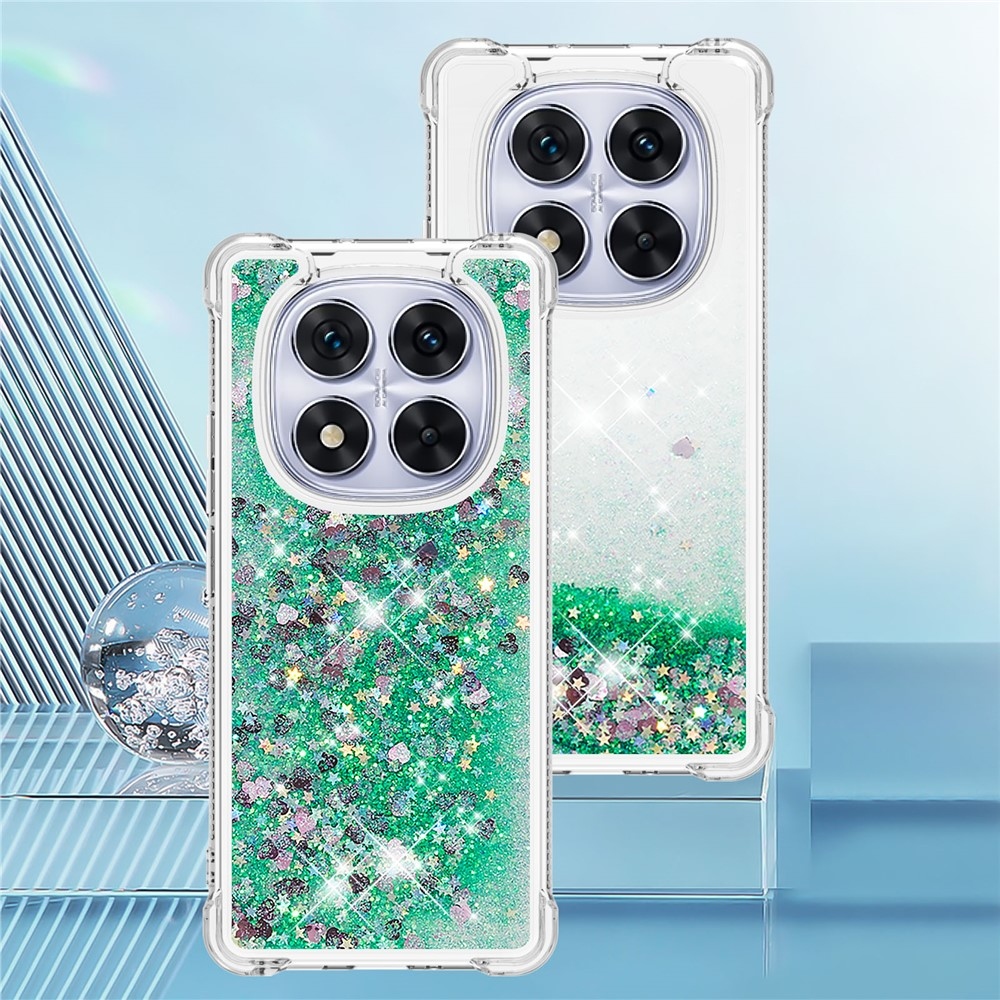 Glitter Prosýpací gélový obal na Xiaomi Redmi Note 14 Pro 5G/Poco X7 5G - zelený/srdiečka