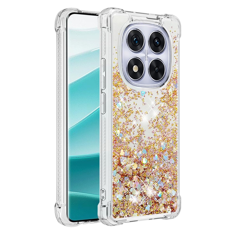 Glitter Prosýpací gélový obal na Xiaomi Redmi Note 14 Pro 5G/Poco X7 5G - zlatý/srdiečka