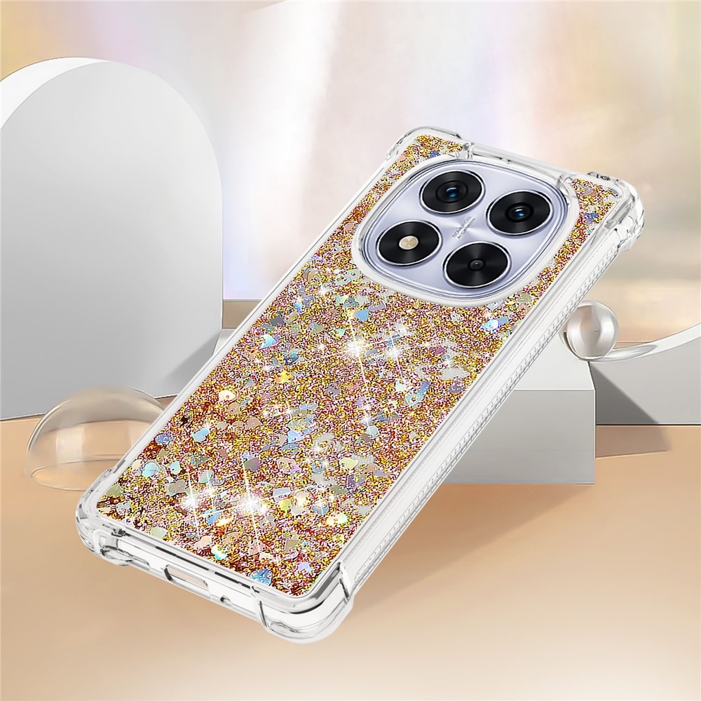 Glitter Prosýpací gélový obal na Xiaomi Redmi Note 14 Pro 5G/Poco X7 5G - zlatý/srdiečka