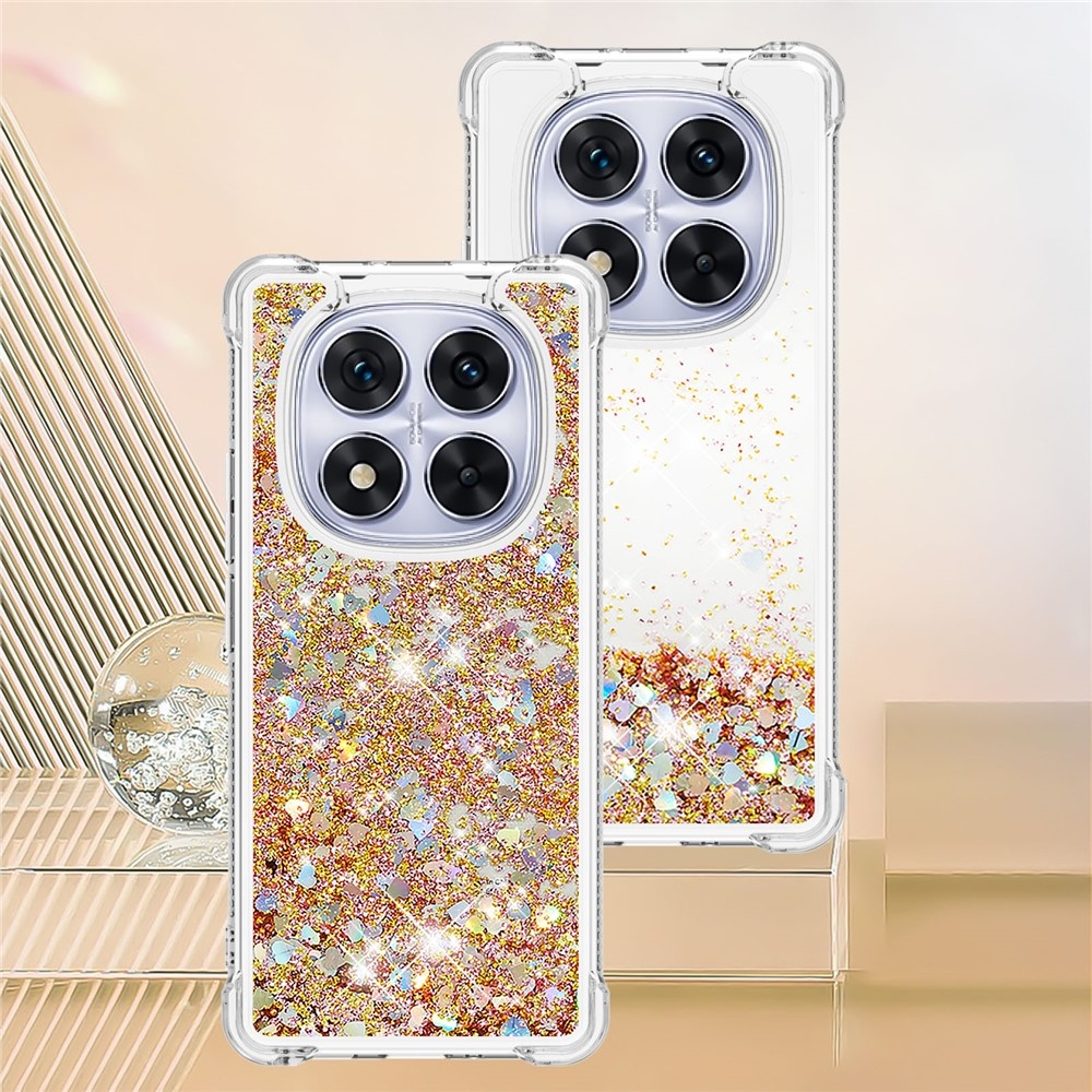 Glitter Prosýpací gélový obal na Xiaomi Redmi Note 14 Pro 5G/Poco X7 5G - zlatý/srdiečka
