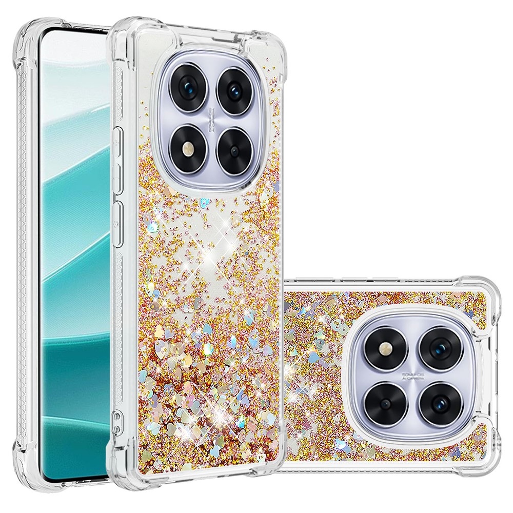 Glitter Prosýpací gélový obal na Xiaomi Redmi Note 14 Pro 5G/Poco X7 5G - zlatý/srdiečka
