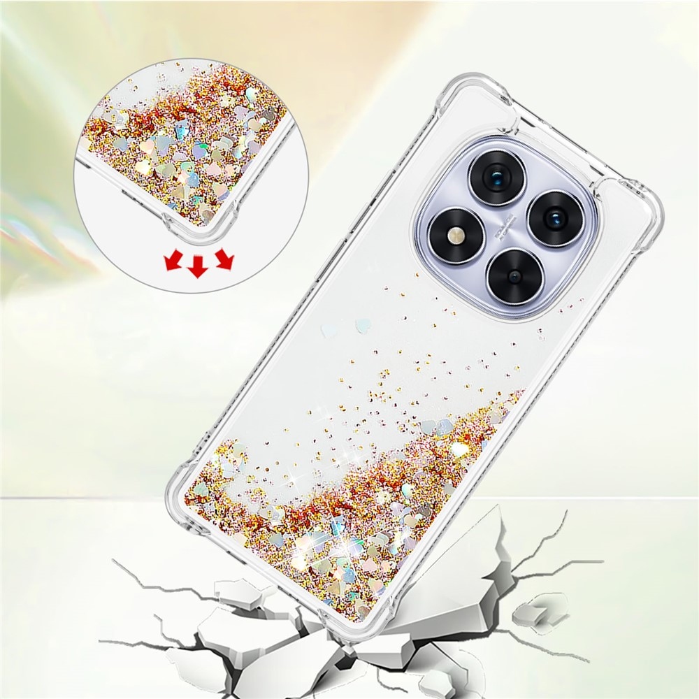 Glitter Prosýpací gélový obal na Xiaomi Redmi Note 14 Pro 5G/Poco X7 5G - zlatý/srdiečka