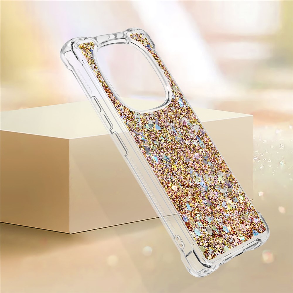 Glitter Prosýpací gélový obal na Xiaomi Redmi Note 14 Pro 5G/Poco X7 5G - zlatý/srdiečka