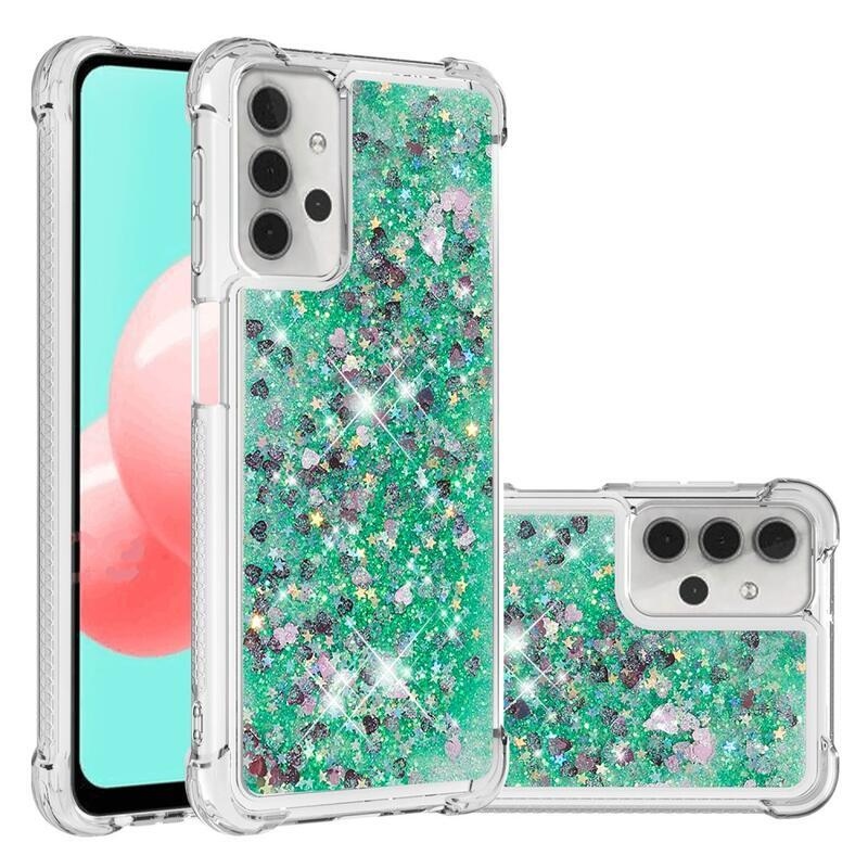 Glitter presýpacie gélový obal s vystuženými rohmi na mobil Samsung Galaxy A32 5G - zelený/srdiečka