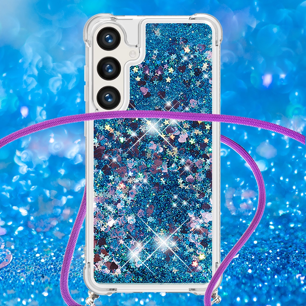 Glitters presýpací gélový obal so šnúrkou na Samsung Galaxy S26+ - modrý/srdiečka
