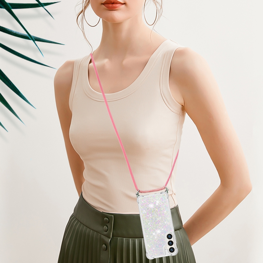 Glitters presýpací gélový obal so šnúrkou na Samsung Galaxy S26+ - ružovostrieborný/srdiečka