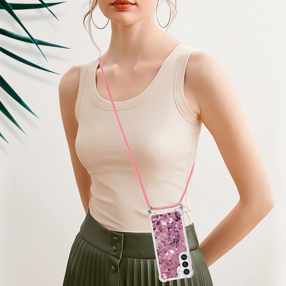 Glitters presýpací gélový obal so šnúrkou na Samsung Galaxy S26+ - ružovozlatý/srdiečka