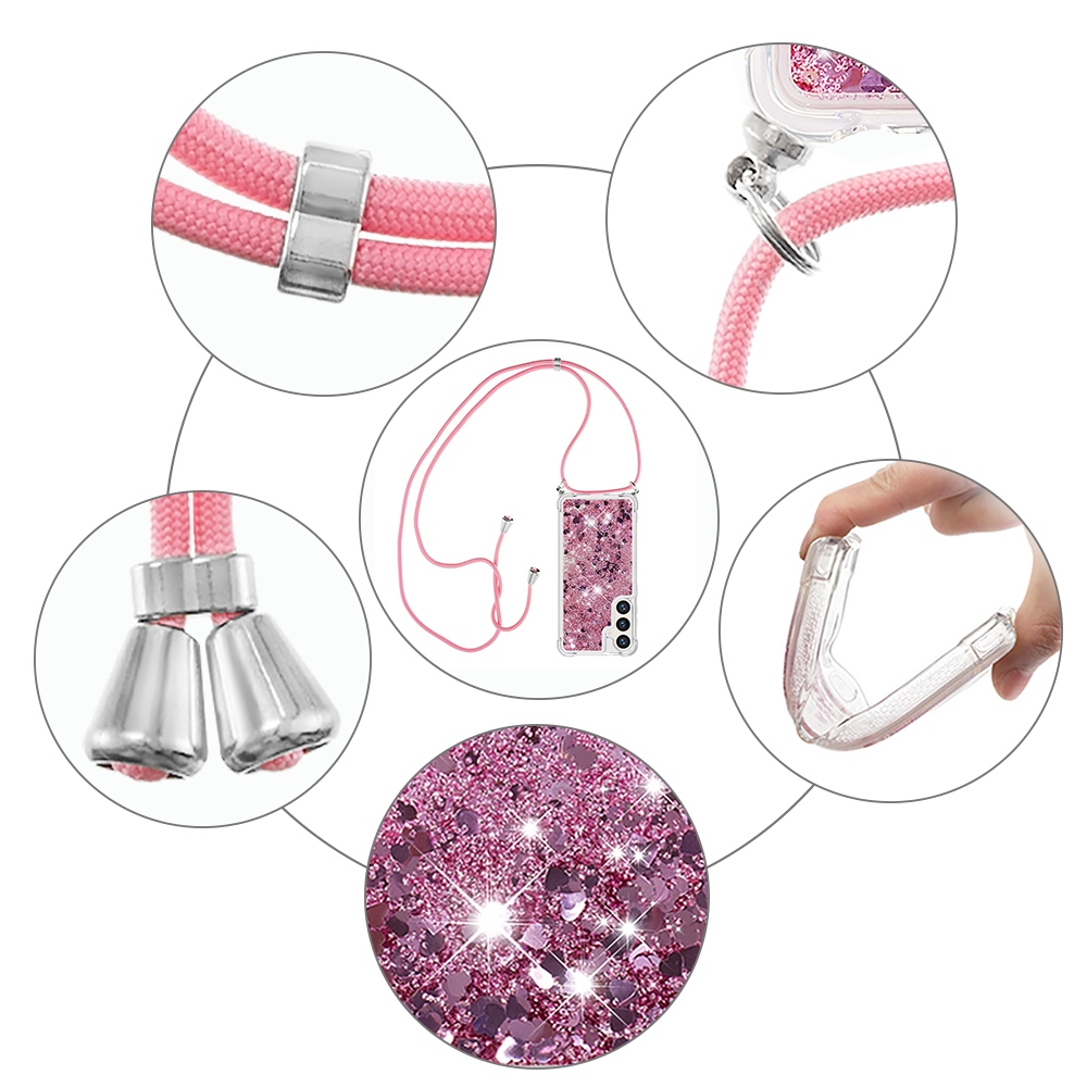 Glitters presýpací gélový obal so šnúrkou na Samsung Galaxy S26+ - ružovozlatý/srdiečka