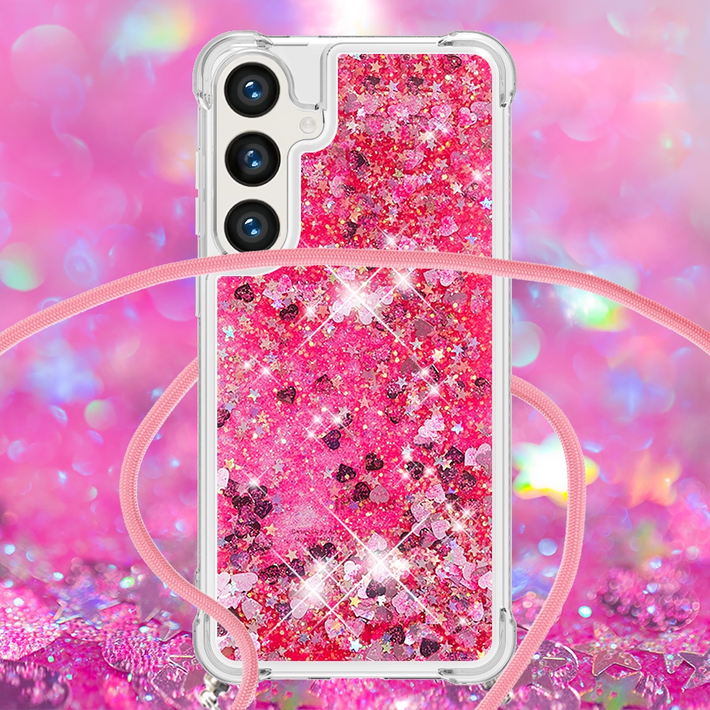 Glitters presýpací gélový obal so šnúrkou na Samsung Galaxy S26+ - ružový/srdiečka
