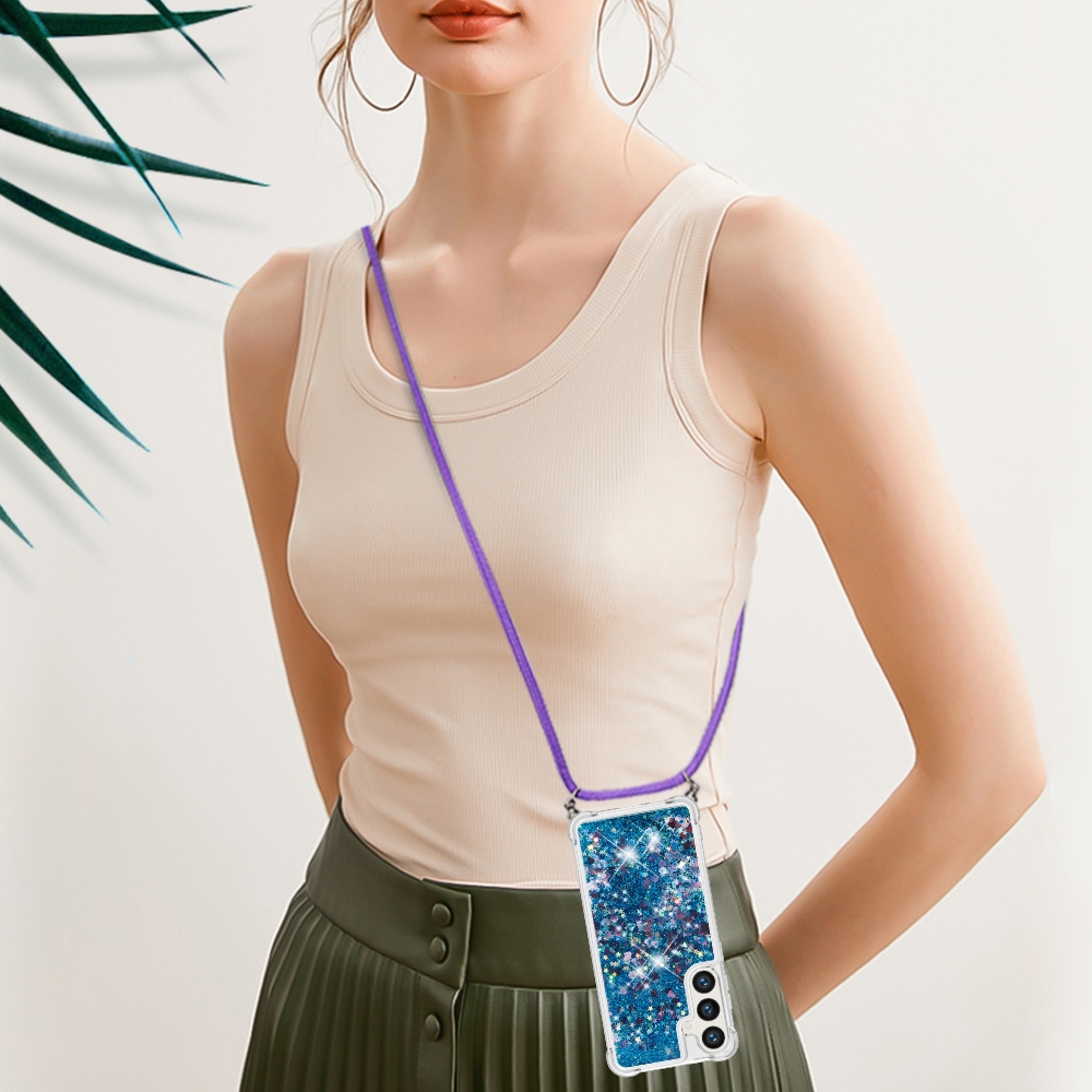 Glitters presýpacie gélový obal so šnúrkou na Samsung Galaxy S26/S26 Pro - modrý/srdiečka