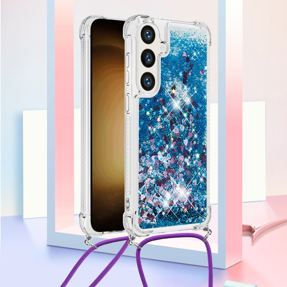 Glitters presýpacie gélový obal so šnúrkou na Samsung Galaxy S26/S26 Pro - modrý/srdiečka