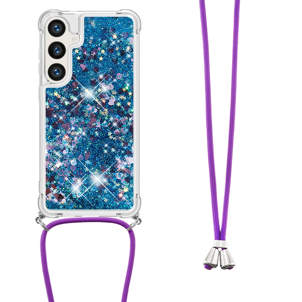 Glitters presýpacie gélový obal so šnúrkou na Samsung Galaxy S26/S26 Pro - modrý/srdiečka