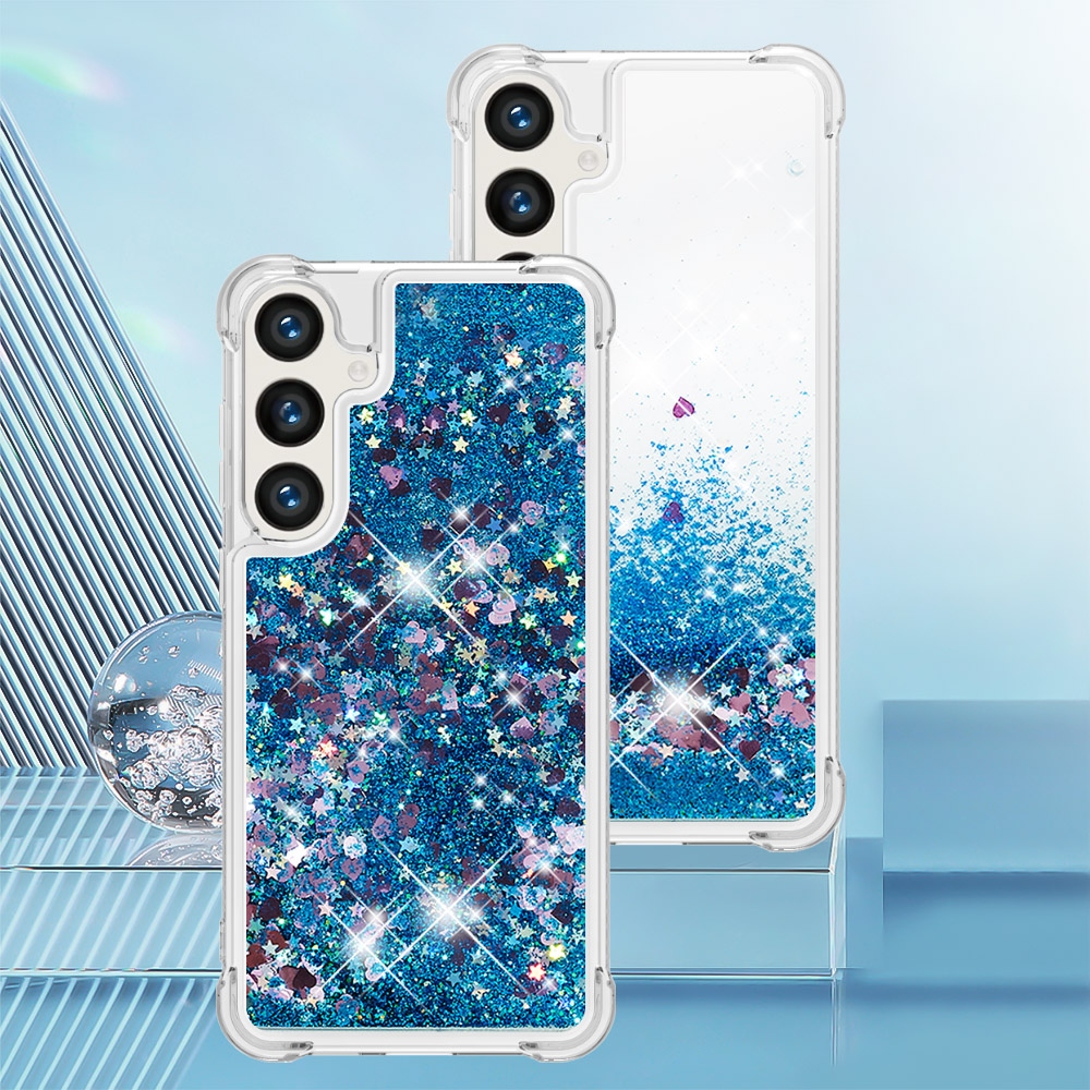 Glitters presýpacie gélový obal so šnúrkou na Samsung Galaxy S26/S26 Pro - modrý/srdiečka