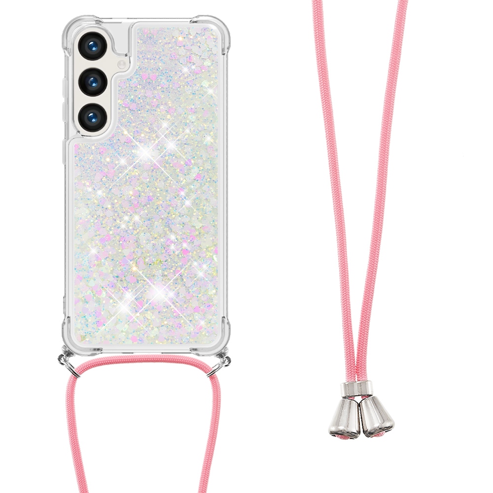 Glitters presýpacie gélový obal so šnúrkou na Samsung Galaxy S26/S26 Pro - ružovostrieborný/srdiečka
